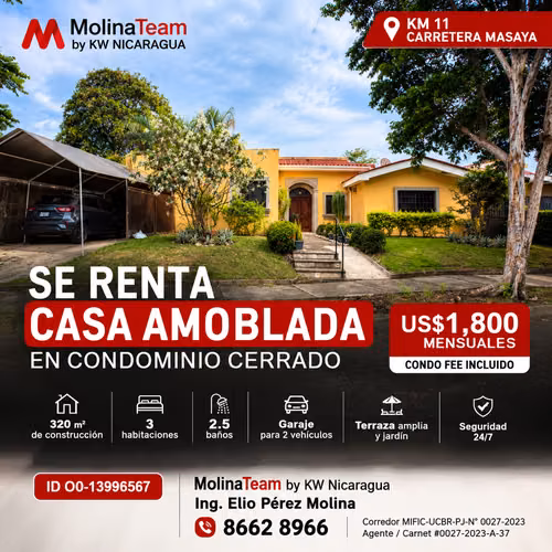 Casa Amoblada en Alquiler en Condominio Cerrado – Km 11 Carretera Masaya | US$1,800