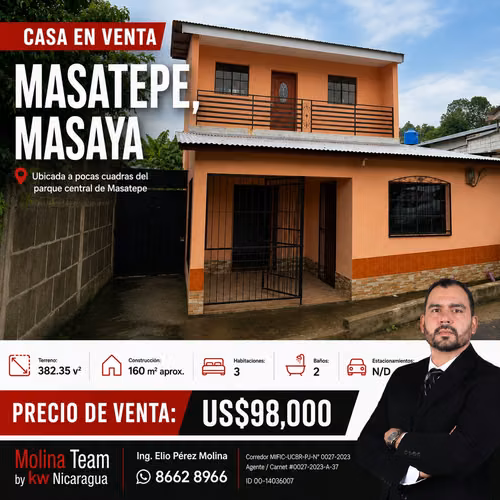  CASA DE DOS PLANTAS EN VENTA – MASATEPE, MASAYA
