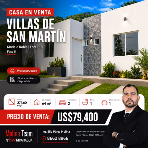 Casa en Venta en Villas de San Martín Fase II | Modelo Roble | US$79,400