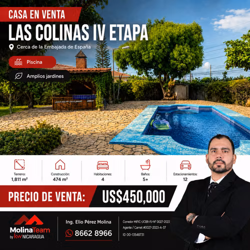 Casa en Venta en Las Colinas IV Etapa, Managua | Piscina y 1,811 m² de Terreno | US$450,000