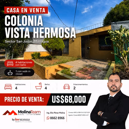 Casa en Venta en Colonia Vista Hermosa, San Judas | 4 Habitaciones, 4 Baños | US$68,000