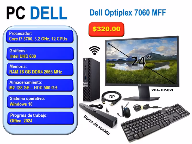 DELL OPTIPLEX 7060 MFF: i7 8va., Ram 16GB, Grafica, SSD y HDD, Wifi, Mon. 24… $320