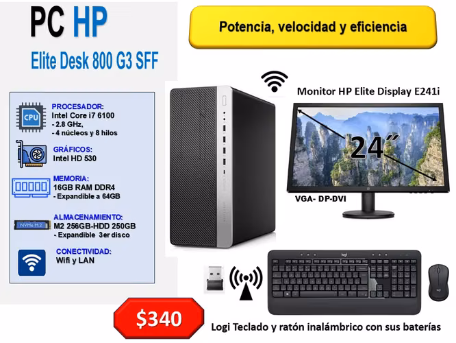 Hp EliteDesk 800 G3: i7-6ta., Ram16 GB, M2 256GB+HDD 250GB, Wifi, Mon. 24’’…$340