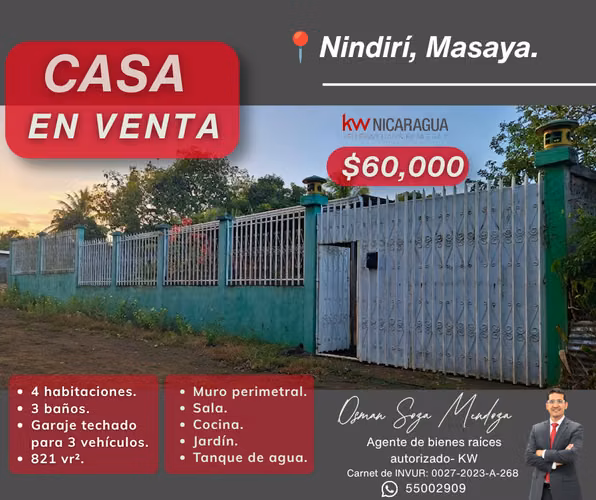 Se vende espaciosa casa en Nindirí, Masaya