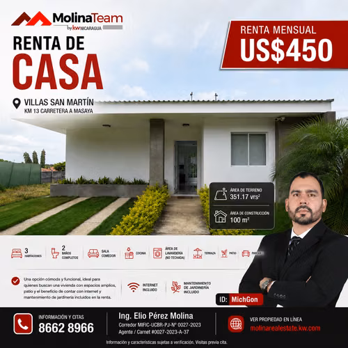 CASA EN RENTA | VILLAS SAN MARTÍN – KM 13 CARRETERA A MASAYA