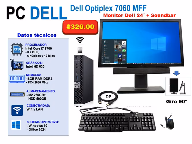 DELL MFF: i7 8va., Ram 16GB, Grafica, SSD y HDD, Wifi, Mon. 24… $320