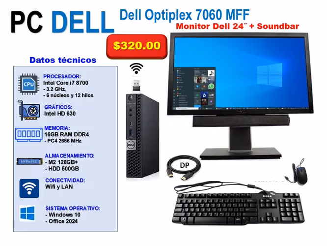 DELL MFF: i7 8va., Ram 16GB, Grafica, SSD y HDD, Wifi, Mon. 24… $320