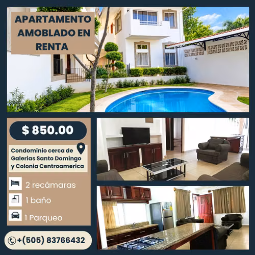 EM-Renta apartamento amoblado Condominio, 2da planta, cercano a Galerías Santo Domingo 