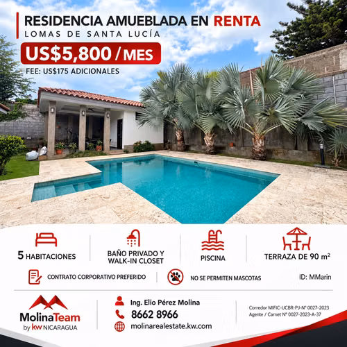 Residencia amueblada de 5 habitaciones con piscina en Lomas de Santa Lucía | Santo Domingo 