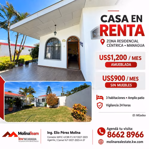 House for rent in Managua, 3 rooms and large patio, from US $900