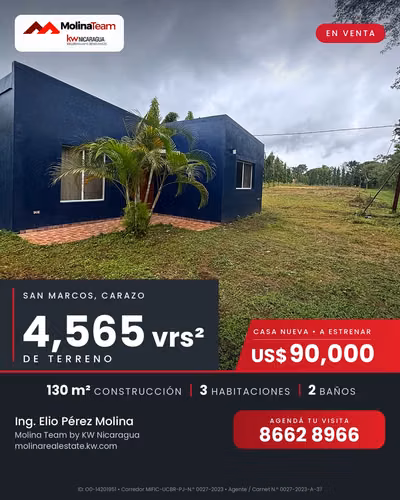 New house for sale with 4,565 vrs ² of land - San Marcos, Carazo