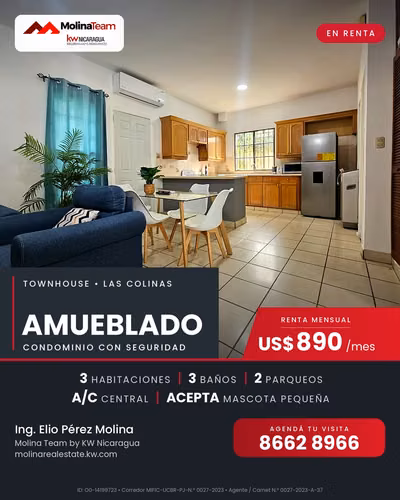 Rent townhouse 3 hab. with A / C central in Las Colinas - US $890