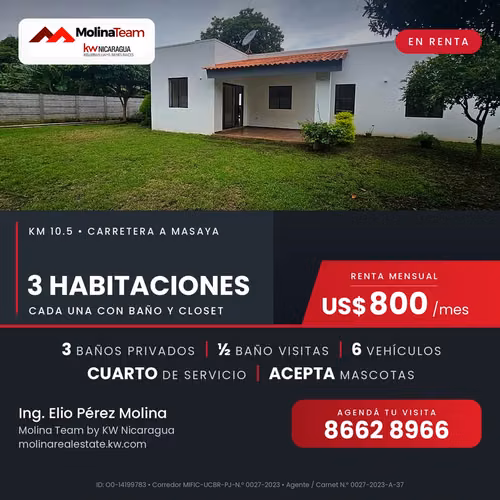 House in rent 3 hab. with bathroom and closet - Km 10.5 Road to Masaya - US $800