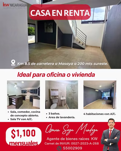 ¡EXCELENTE CASA EN RENTA! Ideal para Vivienda u Oficina  Km 8.5 Carretera a Masaya 