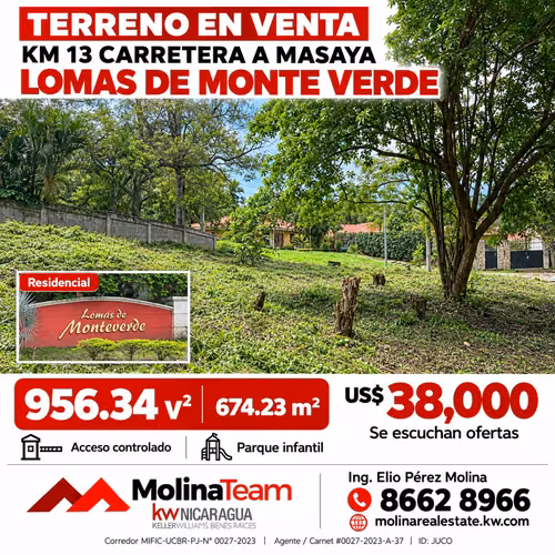 Terreno 956.34 v² por US$38,000 | Km 13 carretera a Masaya, Lomas de Monte Verde
