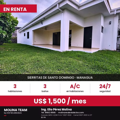  Casa de una planta en renta en Residencial Sierritas de Santo Domingo, Managua – US$ 1,500