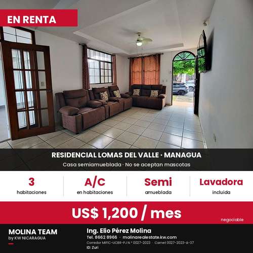 Casa semiamueblada en renta en Residencial Lomas del Valle, Managua – A/C en todas las habitaciones – US$ 1,200 negociab