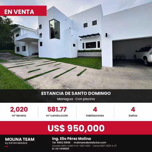 House for sale in Estancia de Santo Domingo, Managua - 2,020 m ² of land, pool, 4 rooms - US $950,0