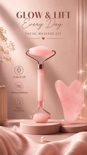 Set Rodillo Facial + Gua Sha Rosa