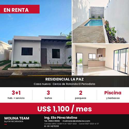 Casa nueva en renta en Residencial La Paz, Managua | 3 hab + servicio · Piscina · US$ 1,100