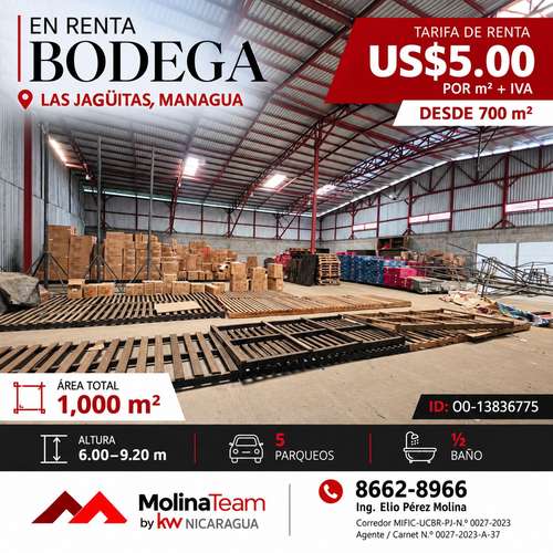 Bodega de 1,000 m² en renta en Las Jagüitas, Managua, desde 700 m², altura hasta 9.2 m