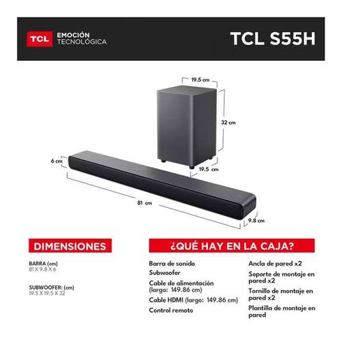 Barra de Sonido TCL S55H 2.1 Dolby Atmos + Subwoofer