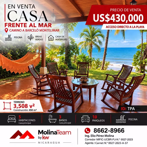  CASA FRENTE AL MAR EN VENTA | CAMINO A BARCELÓ MONTELIMAR |  TERRENO 3,508 V2