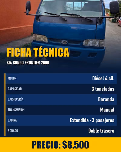 Kia Bongo Frontier 2000 Diésel 3 Toneladas Baranda – $8,500
