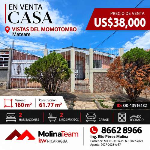 Casa en venta en Vistas del Momotombo, Mateare – 2 habitaciones con baño privado, US$ 38,000