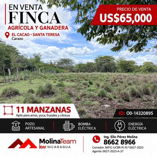 Finca de 11 manzanas en venta en El Cacao, Carazo – con pozo y energía, US$ 65,000