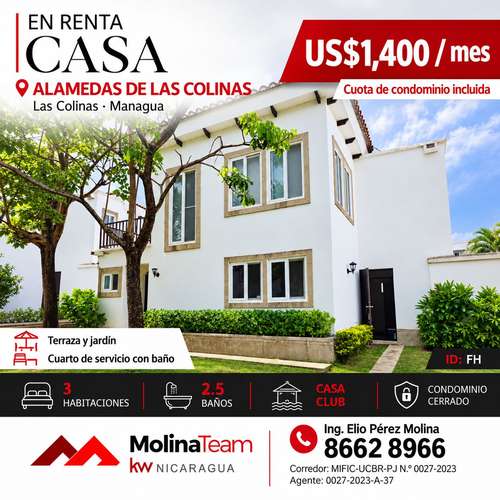 Casa en Renta en Condominio Las Colinas | 3 Hab, Casa Club | US$1,400