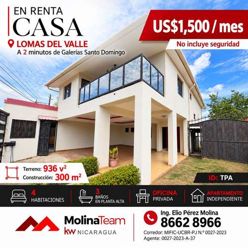 Casa en renta en Lomas del Valle | 4 habitaciones + apartamento | US$1,500