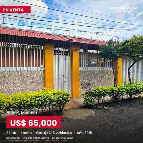Casa en venta en Nindirí | 2 habitaciones y amplio garaje | US$65,000 negociables - Imagen 2