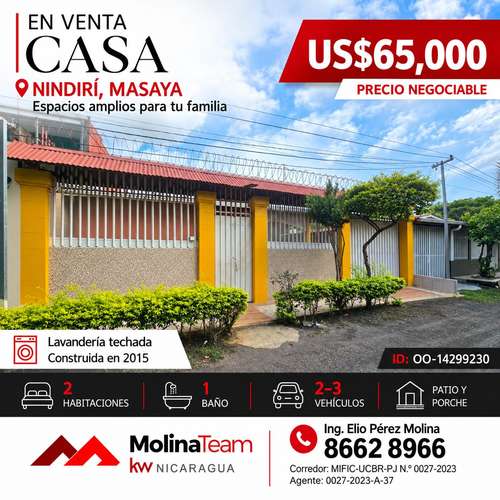 Casa en venta en Nindirí | 2 habitaciones y amplio garaje | US$65,000 negociables - Imagen 1