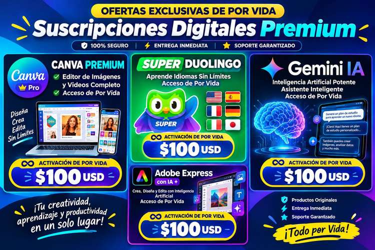 Producto de activación de por vida Canva, Súper Duolingo y Gemini IA