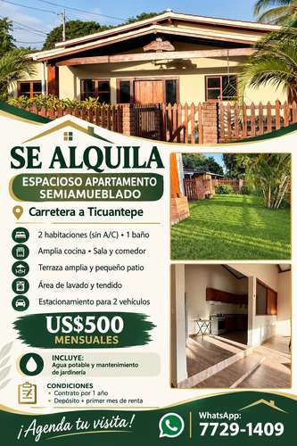 Se renta apartamento en Ticuantepe Managua 