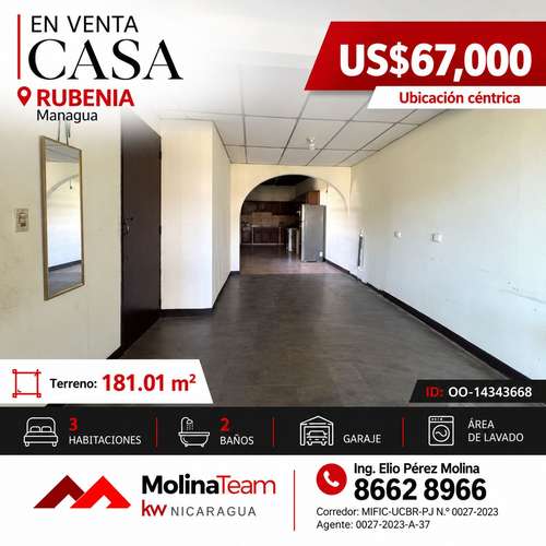 Casa en venta en Rubenia, Managua | 3 habitaciones, 2 baños y garaje | US$67,000