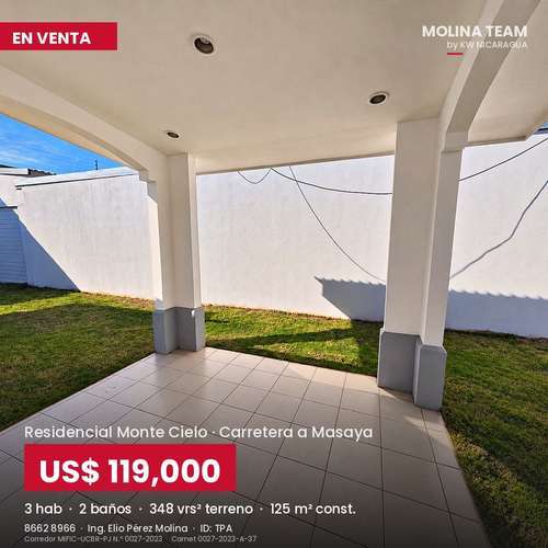 Casa en venta en Montecielo con terreno adicional | 3 habitaciones | US$119,000