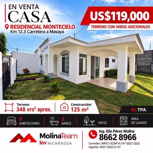 Casa en venta en Montecielo con terreno adicional | 3 habitaciones | US$119,000