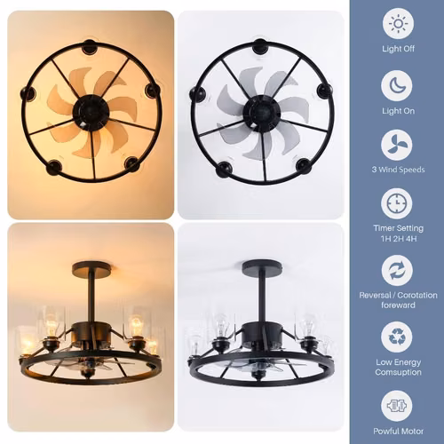 Abanico de techo moderno con luces,7 aspas control remoto,5 pantallas de cristal