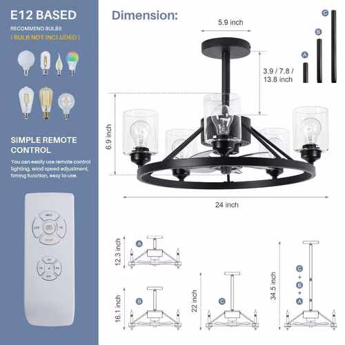 Abanico de techo moderno con luces,7 aspas control remoto,5 pantallas de cristal