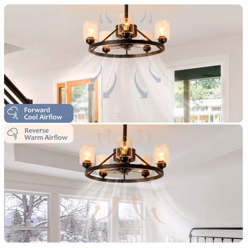 Abanico de techo moderno con luces,7 aspas control remoto,5 pantallas de cristal