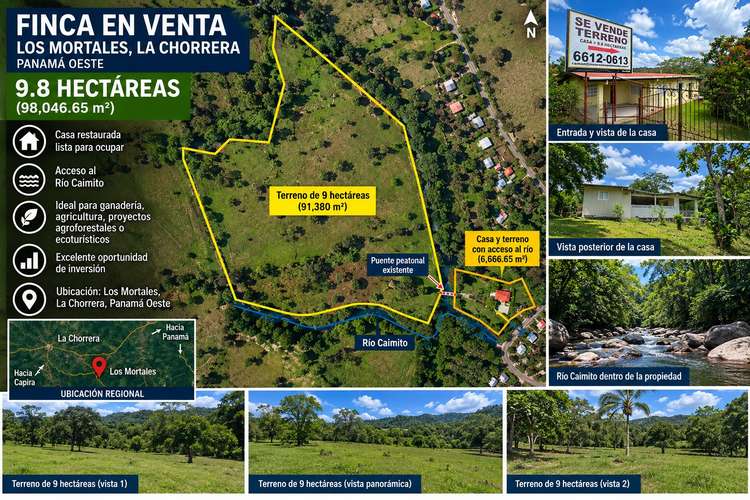 LA CHORRERA – FINCA 9.8 HA CON CASA Y RÍO CAIMITO, $7/M² NEG.