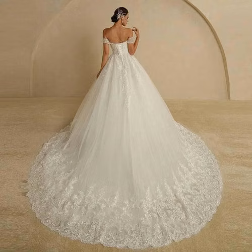 Vestido de novia,corte princesa,escote corazón bajo,mangas caídas,encaje en toda la orilla,Talla S/M - Imagen 3