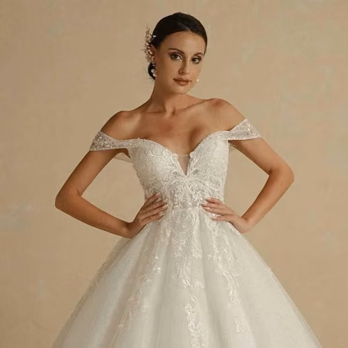 Vestido de novia,corte princesa,escote corazón bajo,mangas caídas,encaje en toda la orilla,Talla S/M - Imagen 2