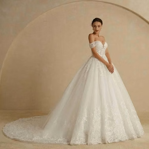 Vestido de novia,corte princesa,escote corazón bajo,mangas caídas,encaje en toda la orilla,Talla S/M - Imagen 4