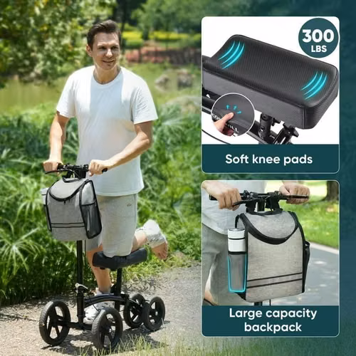 Scooter de Rodilla Dirigible,Plegable y ajustable para Todo Terreno con bolsa desmontable