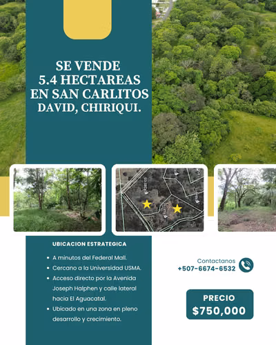 Venta de terreno en San Carlitos, David, Chiriquí