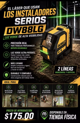 PROFESSIONAL LASER LEVEL OF 2 LINES VERDE. IDEAL FOR INSTALLATION OF GYPSUM, TILES, PLUMBING, ELECTRICITY, ECT.