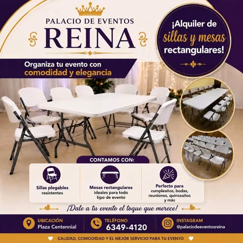 Alquiler de Sala de eventos, Sillas, mesas y otros